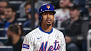 Sep 16, 2025; New York City, New York, USA; New York Mets shortstop Francisco Lindor (12) at bat during the second inning against the San Diego Padres at Citi Field. Mandatory Credit: Vincent Carchietta-Imagn Images