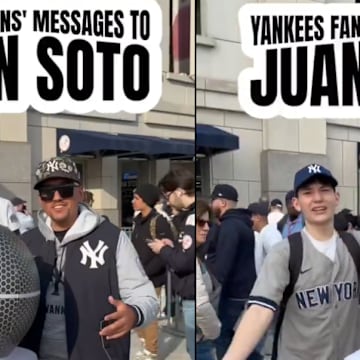 Yankees fans talk into a big microphone about their feelings on Juan Soto.