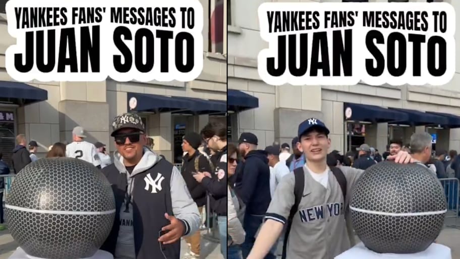 Yankees fans talk into a big microphone about their feelings on Juan Soto. | @ESPNNewYork