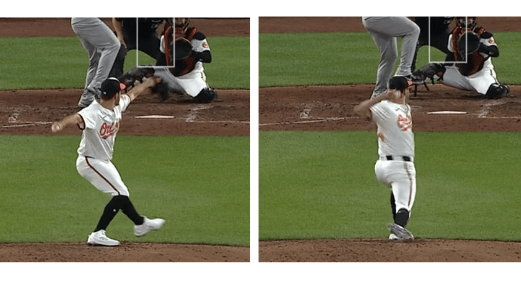 Screenshots of Baltimore pitcher Grayson Rodriguez's form. 