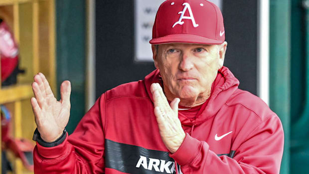 Razorbacks coach Dave Van Horn in the dugout during a game with the San Jose State Spartans