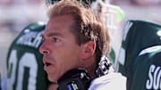 September 14, 1999; East Lansing, MI; An angry Nick Saban questions his players after Eastern Michigan scored a touchdown by pass against MSU late in the game. 