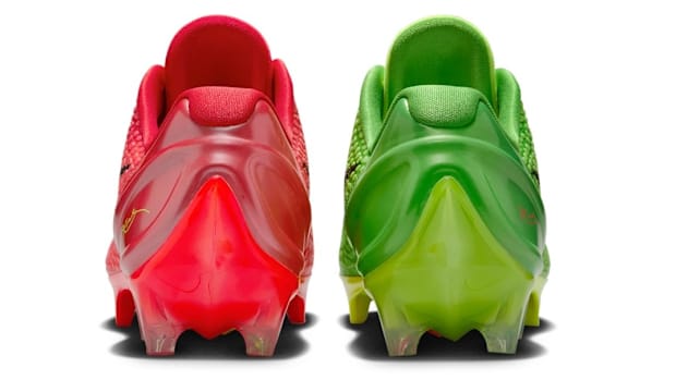 The heels of Kobe Bryant's red and green Nike cleats.