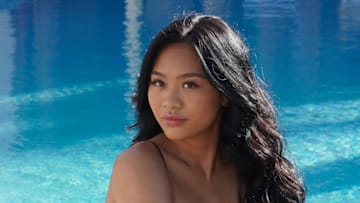 Suni Lee shot at The Boca Raton by Ben Horton in behind the scenes photo. Swimsuit by St. Agni.