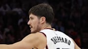 Nov 23, 2024; Houston, Texas, USA; Houston Rockets guard Reed Sheppard (15) reacts to making a three point basket against the Portland Trail Blazers in the second quarter at Toyota Center. Mandatory Credit: Thomas Shea-Imagn Images