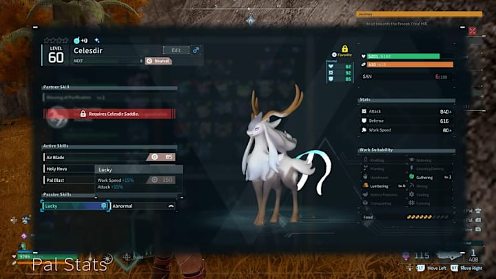 A reindeer-like Pal with white fur on its body and black fur on its legs. Two white ribbons protrude out as tails.