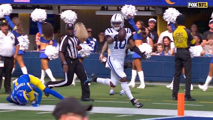 Colts wide receiver Adonai Mitchell fumbled before scoring a touchdown against the Rams. Colts wide receiver Adonai Mitchell fumbled before scoring a touchdown against the Rams.