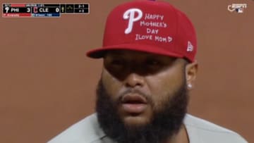 Philadelphia Phillies pitcher Jose Alvarado wrote a message on his hat for Mother's Day.