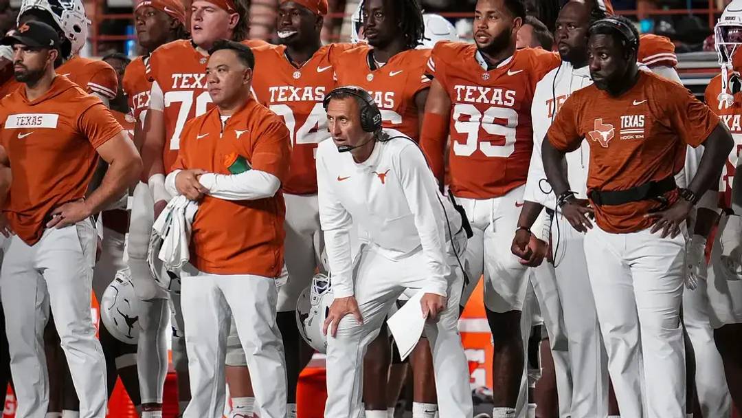 Texas Longhorns head coach Steve Sarkisian watches during the NCAA football game against the Ohio State Buckeyes at Darrell K Royal–Texas Memorial Stadium in Austin, Texas on Sept. 12, 2026. Texas won 24-23. 