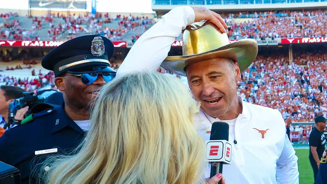 Oct 11, 2025; Dallas, Texas, USA; Texas Longhorns head coach Steve Sarkisian wears the Golden Hat after the game against the Oklahoma Sooners at the Cotton Bowl. 
