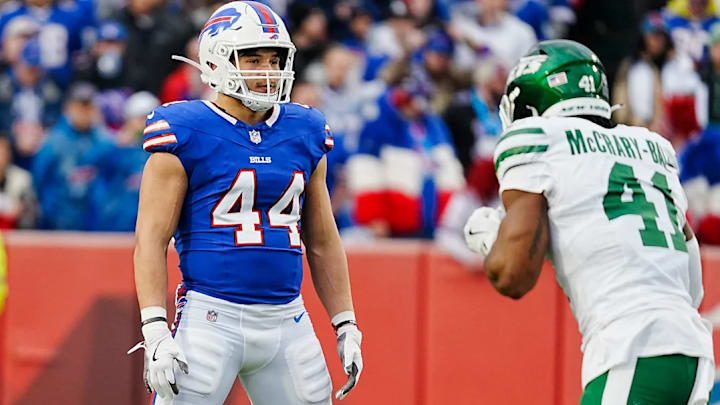 Buffalo Bills linebacker Joe Andreessen (44) lines up against New York Jets linebacker Marcelino McCrary-Ball (41) during first half action at the Bills home game against the New York Jets at Highmark Stadium in Orchard Park on Dec. 29, 2024. Buffalo Bills linebacker Joe Andreessen (44) lines up against New York Jets linebacker Marcelino McCrary-Ball (41) during first half action at the Bills home game against the New York Jets at Highmark Stadium in Orchard Park on Dec. 29, 2024.