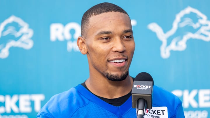 Detroit Lions wide receiver Amon-Ra St. Brown speaks to the media following the team's first training camp practice on Wednesday, July 24.