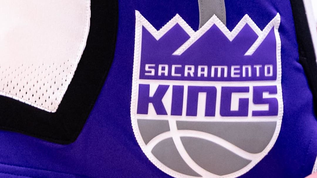 Feb 12, 2025; New Orleans, Louisiana, USA;  Detailed view for the Sacramento Kings logo against the New Orleans Pelicans during the first half at Smoothie King Center. Mandatory Credit: Stephen Lew-Imagn Images