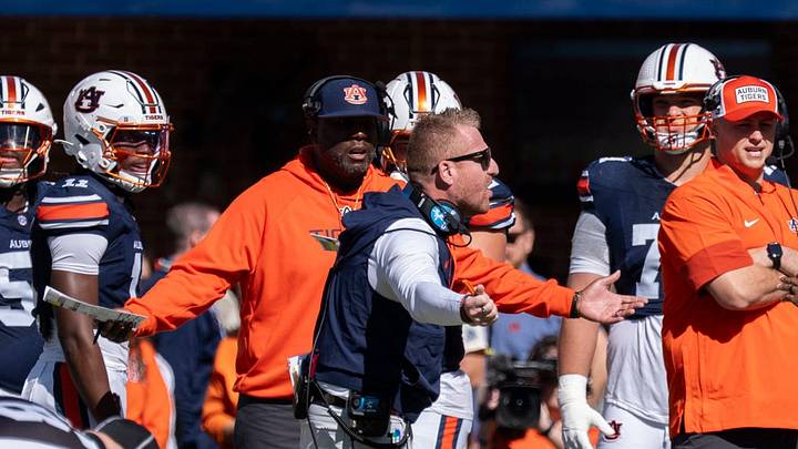 Auburn Tigers head coach Alex Golesh disputes a flag on the opening kickoff as Auburn Tigers take on LSU Tigers at Jordan-Hare Stadium in Auburn, Ala. on Saturday, Oct. 24, 2026.