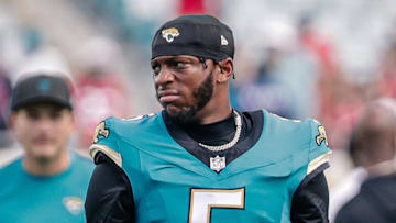 Sep 21, 2025; Jacksonville, Florida, USA; Jacksonville Jaguars wide receiver Dyami Brown (5) during pregame against the Houston Texans at EverBank Stadium. Mandatory Credit: Travis Register-Imagn Images