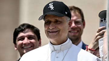 Pope Leo XIV wears a Chicago White Sox hat Wednesday at the Vatican.