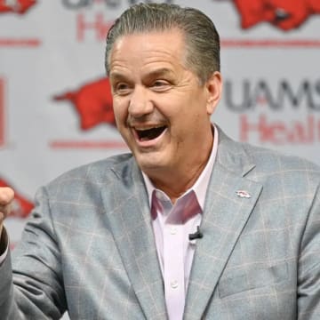 New Arkansas Razorbacks coach John Calipari at press conference after introduction Wednesday afternoon at Bud Walton Arena in Fayetteville, Arkansas. / Craven Whitlow-allHOGS Images