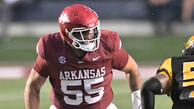 Razorbacks offensive lineman Fernando Carmona drops back in pass protection against UAPB