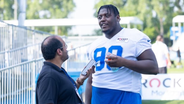 Detroit Lions defensive tackle Brodric Martin talks to reporter John Maakaron. 