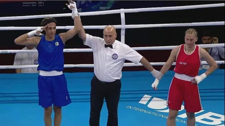 Imane Khelif [left] Algerian boxer, during her victorious match at the 2022 World Championships in Istanbul