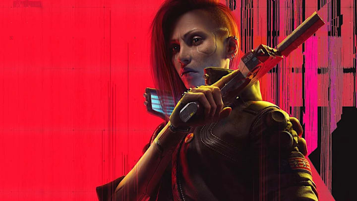 Female V holds a pistol to her left shoulder and looks at the camera in Cyberpunk 2077 key art