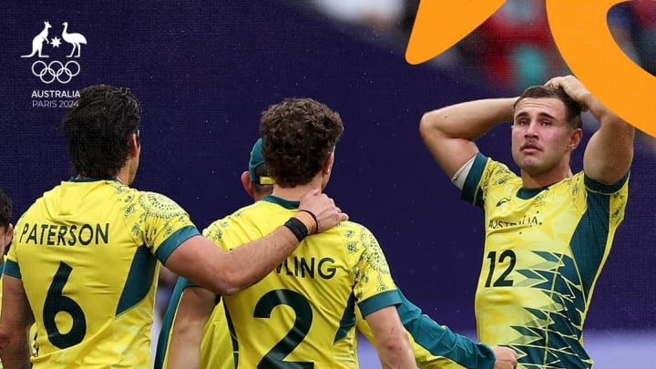 Australia's men's rugby team in a fierce match against South Africa at the Paris Olympics