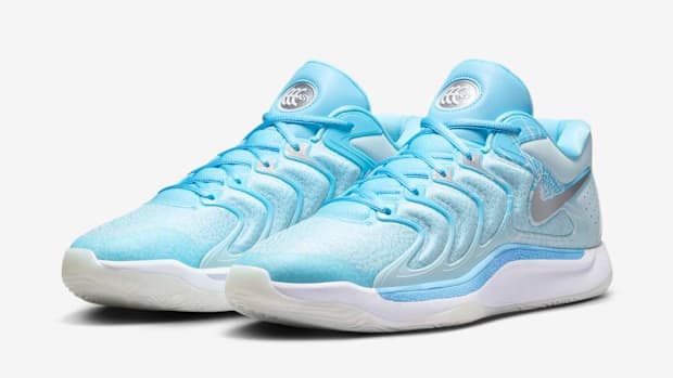 Kevin Durant's blue and white Nike sneakers.