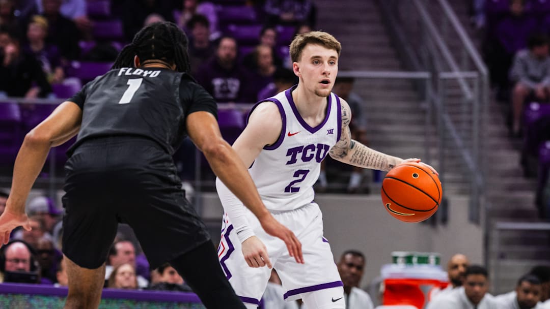 Brock Harding handles the ball in TCU's 60-54 win over West Virginia on Saturday, February 21, 2026.