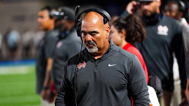 First-year Mater Dei football coach Raul Lara coaching in his debut against Corona Centennial on Thursday, Aug. 22, 2023.