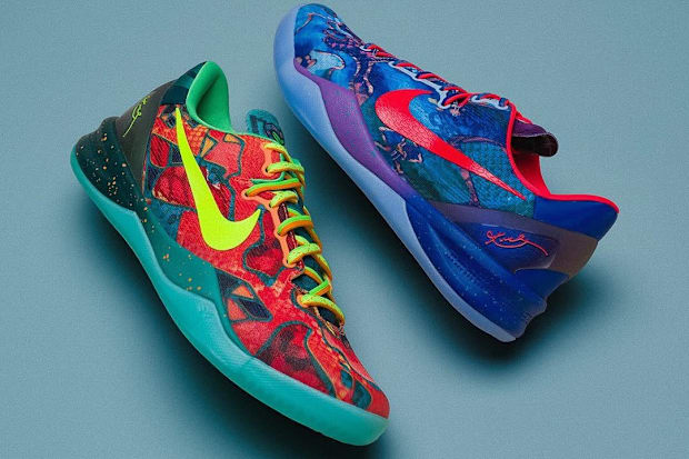 Red and blue Nike Kobe sneakers.