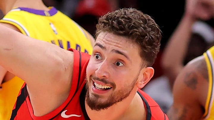 Houston Rockets center Alperen Sengun (28) reacts after a foul call against the Los Angeles Lakers during the third quarter of game six of the first round of the 2026 NBA Playoffs at Toyota Center on May 1, 2026.