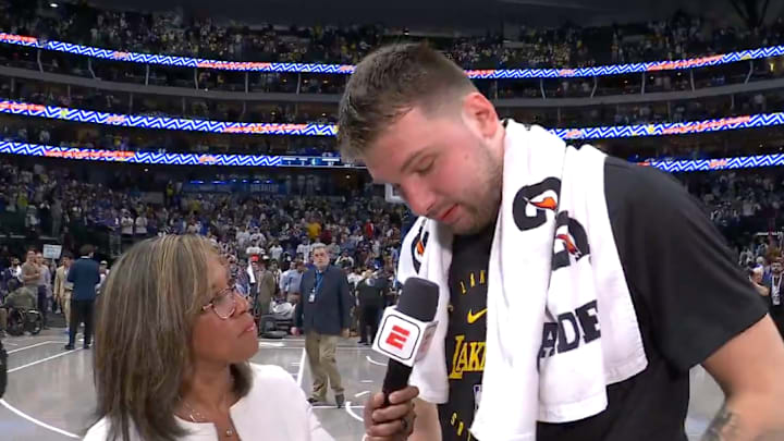 Luka Doncic speaks with ESPN's Lisa Salters after scoring 45 points against the Dallas Mavericks