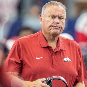 Arkansas Razorbacks coach Sam Pittman on the sidelines against the Texas A&M Aggies at AT&T Stadium in Arlington, Texas.