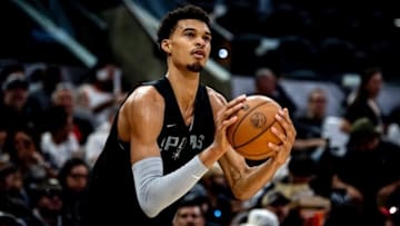 Oct 19, 2024; San Antonio, Texas, USA; San Antonio Spurs center Victor Wembanyama (1) warms up prior to the annual Silver & Black Open Scrimmage at Frost Bank Center.