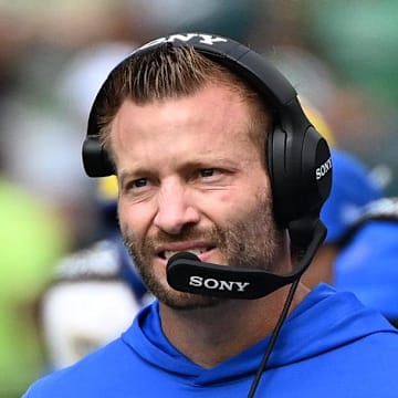 Sep 21, 2025; Philadelphia, Pennsylvania, USA; Los Angeles Rams head coach Sean McVay during the first half at Lincoln Financial Field. Mandatory Credit: Eric Hartline-Imagn Images