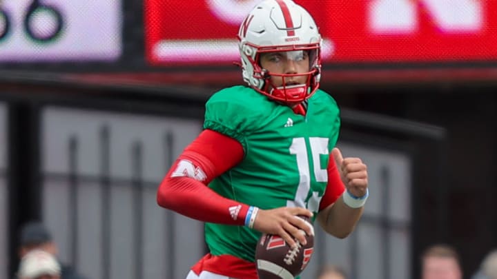 Dylan Raiola rolls out during the 2024 Nebraska football spring game.