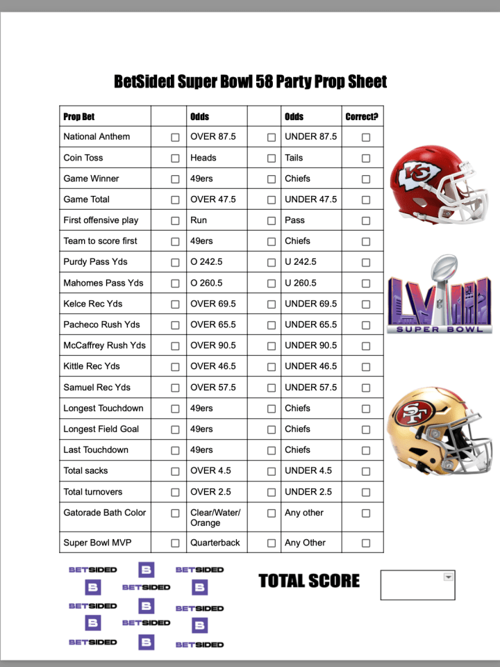 Printable Super Bowl Party Prop Bets Sheet (49ers vs Chiefs Super Bowl