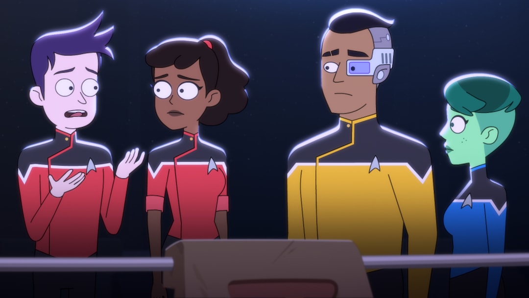 Pictured (L-R): Jack Quaid as Ensign Brad Boimler, Tawny Newsome as Ensign Beckett Mariner, Eugene Cordero as Ensign Rutherford and Noël Wells as Ensign Tendi of the CBS All Access series STAR TREK: LOWER DECKS. Photo Cr: Best Possible Screen Grab CBS 2020 CBS Interactive, Inc. All Rights Reserved.