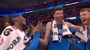 Shai Gilgeous-Alexander and Chet Holmgren celebrate the Oklahoma City Thunder's win over the Denver Nuggets in Game 7 of the Western Conference semifinals.