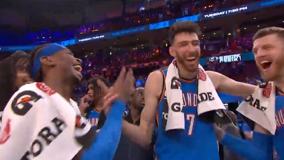Shai Gilgeous-Alexander and Chet Holmgren celebrate the Oklahoma City Thunder's win over the Denver Nuggets in Game 7 of the Western Conference semifinals. | Screenshot via ESPN on X