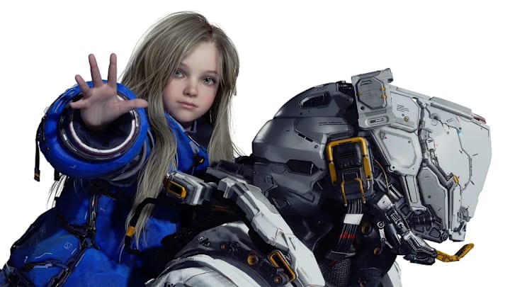 A girl wearing a blue jacket on the shoulders of a man in a white spacesuit.