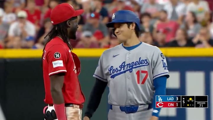Elly De La Cruz and Shohei Ohtani shared a nice moment during Monday night's Dodgers-Reds game. Elly De La Cruz and Shohei Ohtani shared a nice moment during Monday night's Dodgers-Reds game.