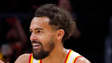 Trae Young #11 of the Atlanta Hawks reacts against the New Orleans Pelicans.