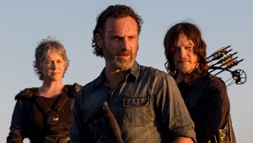 Cooper Andrews as Jerry, Khary Payton as Ezekiel, Danai Gurira as Michonne, Melissa McBride as Carol Peletier, Andrew Lincoln as Rick Grimes, Norman Reedus as Daryl Dixon, Christian Serratos as Rosita Espinosa - The Walking Dead _ Season 8, Episode 16 - Photo Credit: Gene Page/AMC
