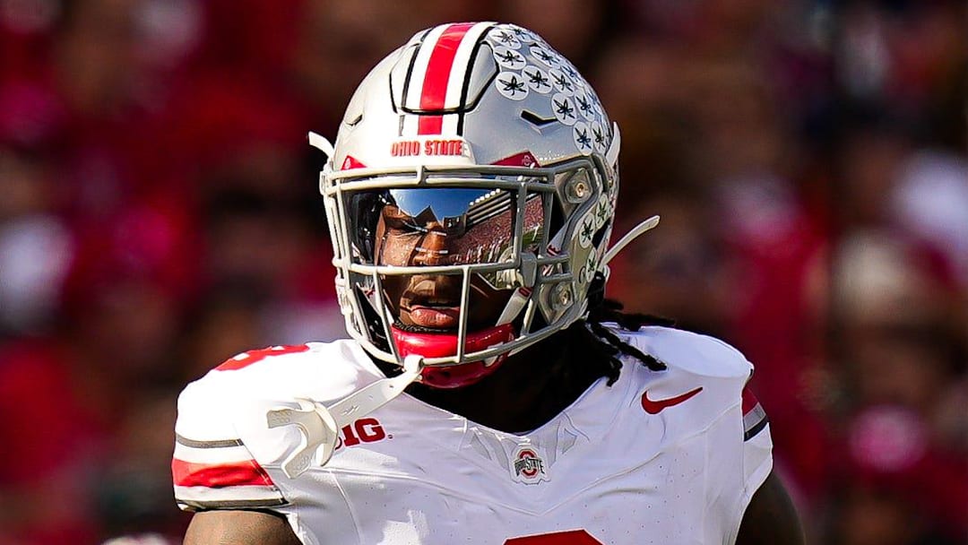 Ohio State Buckeyes linebacker Arvell Reese (8) reacts during the game against the Wisconsin Badgers at Camp Randall Stadium on Saturday, Oct. 18, 2025 in Madison, Wisconsin.