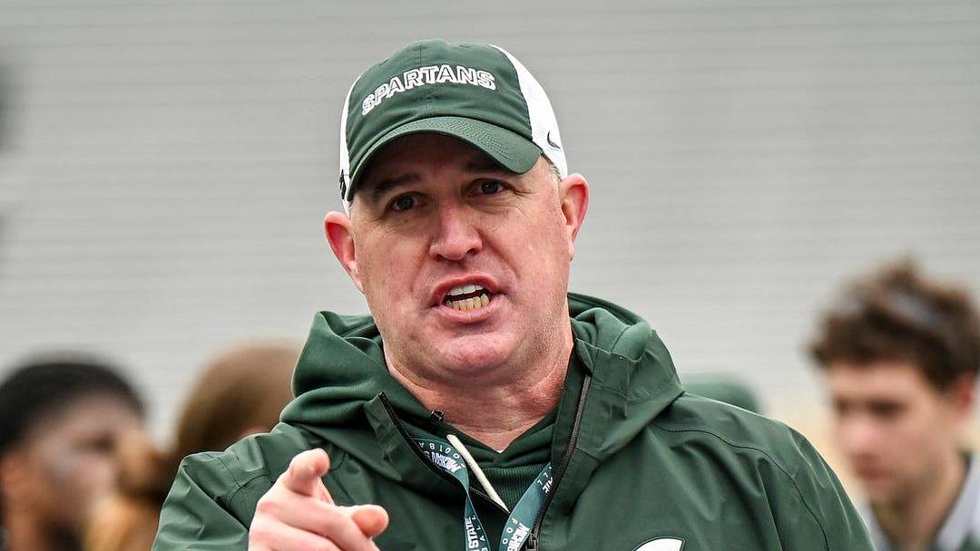 Michigan State's head coach Pat Fitzgerald addresses the team at the end of the football Spring Showcase on Saturday, April 18, 2026, at Spartan Stadium in East Lansing.