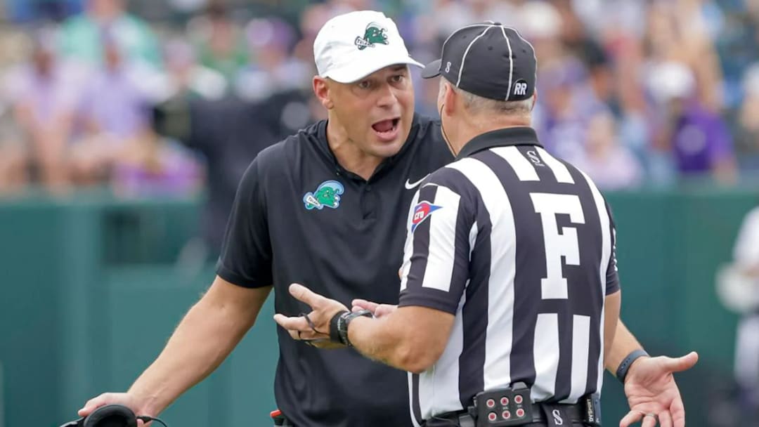 Tulane head coach Jon Sumrall argues a call during the second half of an NCAA football game against Kansas State at Yulman Stadium in New Orleans, Saturday, Sept. 7, 2024.