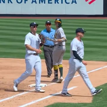 Yankees reliever Ian Hamilton had words for Jacob Wilson after this play on Sunday. 