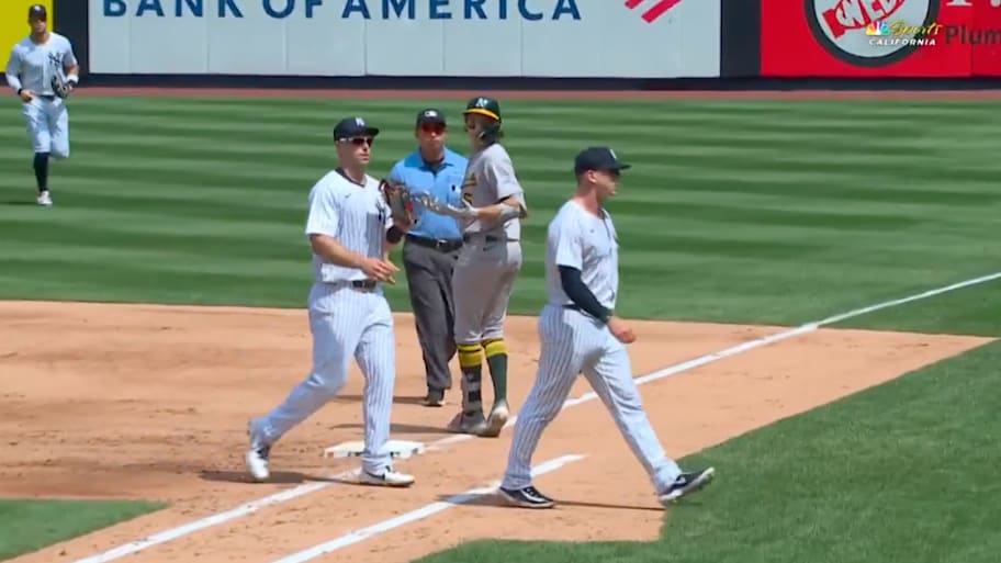 Yankees reliever Ian Hamilton had words for Jacob Wilson after this play on Sunday.  | @MLB