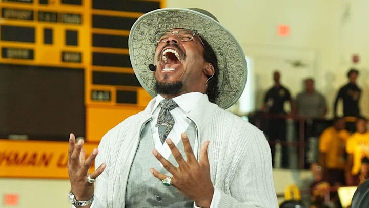 ESPN's First Take cast of Shae Cornette, Cam Newton and Ryan Clark share a laugh during the live show at Bethune-Cookman University during the show’s HBCU fall tour, Thursday, Nov. 20, 2025.